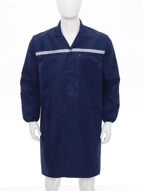 Mens Workshop Coat Long Sleeve Wear Resistant Lab Jacket Uniform Navy Blue Large Durable Workwear For Mechanics And Builders With Front Button Closure Pen Pocket Chest And Two Large Patch Pockets, front view