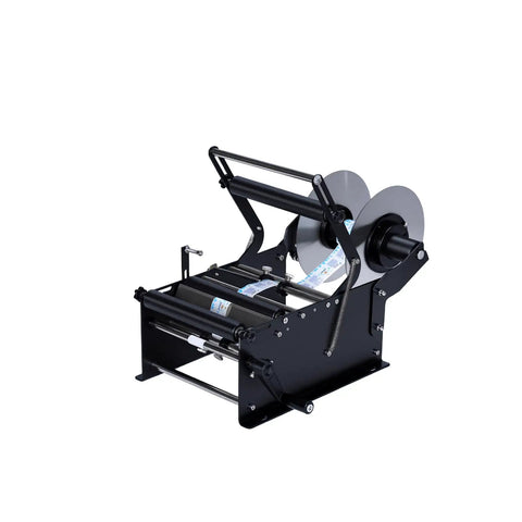 Handheld Manual Bottle Labeling Machine With Handle, portable device for applying adhesive labels to cylindrical containers.