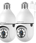 2 Pack Light Bulb Security Camera System Wireless WiFi Outdoor With Audio 3MP Ultra Clear Picture Automatic Humanoid Tracking Full Color Night Vision No Fuss Easy Install Home Security Cameras showing two white bulb-shaped cameras and mounting accessories.