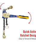 Quick acting ratchet chain binder with swivel grab hooks, part of Two Pack Heavy Duty Ratchet Chain Binders 5/16 to 3/8 Inch.