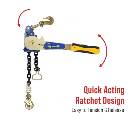 Quick acting ratchet chain binder with swivel grab hooks, part of Two Pack Heavy Duty Ratchet Chain Binders 5/16 to 3/8 Inch.