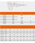Industrial Grade Stainless Steel Vernier Caliper Dead Accurate Measuring Tool chart showing model specifications and measurements.