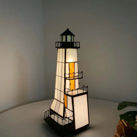 Tiffany Style Stained Glass Table Lamp With Lookout Platform Night Light, 6-Inch Wide By 11-Inch Tall, Brown Finish, lit corner view