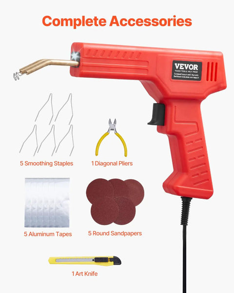 100W Plastic Welder Gun With 800 Hot Staples And Led Light Rapid Heating Bumper Repair Kit For Cars Kayaks And Toys showing complete accessories including staples and tools.