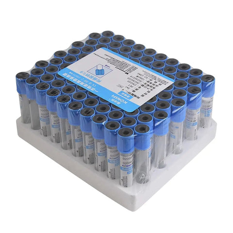 Veterinary Lab Vacuum Blood Collection Coagulation Tubes With Buffered Sodium, 2ml Capacity, Blue, 100pcs Pack displayed in tray
