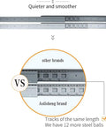Premium Heavy Duty Drawer Slides One Pair Three Section Staircase Guide Rail showing comparison of tracks with more steel balls for smooth operation.