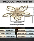 Diagram of Cool Flower LED Dimmable Ceiling Fan With Light 25.6 Inch Bladeless Ceiling Fan Remote Control showing dimensions and features.