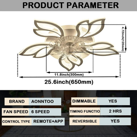 Diagram of Cool Flower LED Dimmable Ceiling Fan With Light 25.6 Inch Bladeless Ceiling Fan Remote Control showing dimensions and features.