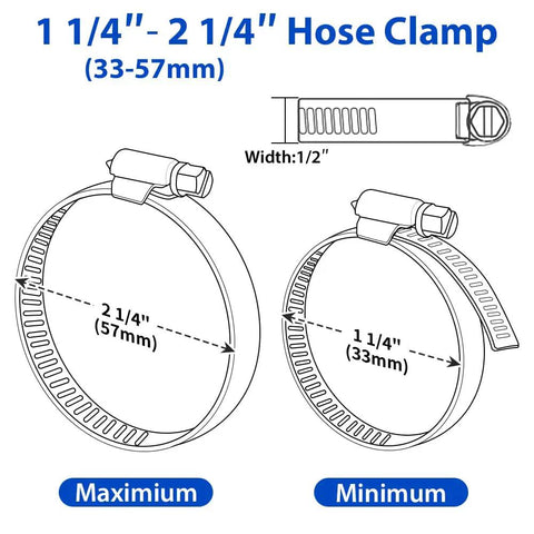 Diagram showing All In One Hose Clamp Kit For Auto And Plumbing, Ten Pack Stainless Steel Adjustable Worm Gear Clamps sizing