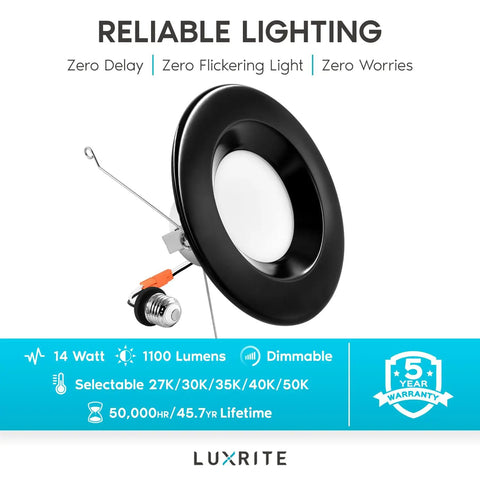 5 To 6 Inch LED Recessed Downlight Dimmable Wet Rated Energy Star with color temperature options and black trim.