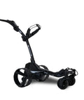 Zip Navigator All Terrain Electric Golf Cart With No Sweat Zip Fold Frame Remote Throttle Drive and Sweet Stash Compartments For Drinks Umbrellas And Devices In Gloss Black, side view.