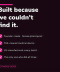 Infographic highlighting unique features of Hyaluronic Acid Vaginal Suppositories for Dryness, Hormone Free Moisturizer, FDA Cleared Medical Device, Made in USA in GMP Facility, 1 Month Supply with 10 Easy Inserts, founder-made and FDA-cleared.