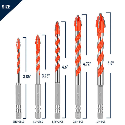 All Purpose Serrated Masonry Drill Bit Set 10 Pc 3/16 To 1/2 Inch Tungsten Carbide Tips shown with size measurements