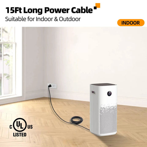 Heavy Duty 15 Ft Extension Cord Built Damn Tough With 3 Prong Grounded Plug 16 AWG Weather Resistant Outdoor Power Cable For Shop Tools And Gear Flame Retardant Flexible Black connecting to indoor equipment.