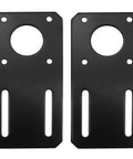 Pair of black metal motor mounting brackets for NEMA 17 stepper motors, with circular holes and vertical slots