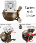 Built Tough Four Piece Vintage Brass Plate Casters With Smooth Rolling Heavy Duty Wheels designed with a brake and 360-degree rotation.