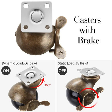 Built Tough Four Piece Vintage Brass Plate Casters With Smooth Rolling Heavy Duty Wheels designed with a brake and 360-degree rotation.