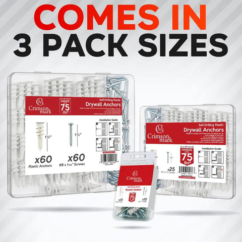 Hella Heavy Duty Drywall Anchors And Screws Kit 20 Pack Self Drilling Wall Plugs With Killer Rib Design Supporting 75 Pounds Load No Sweat Install showing three pack sizes.