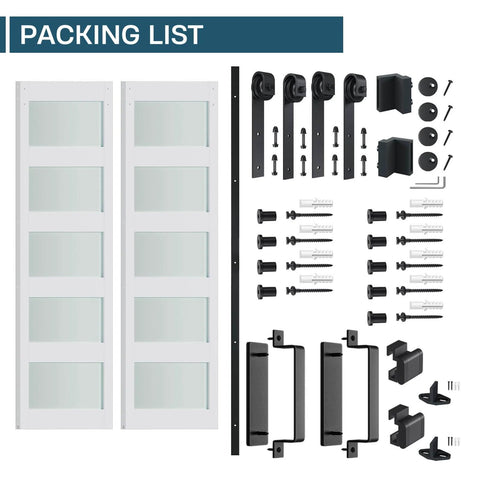 Packing list showing 80 By 84 Inch Glass Barn Door Set With Sliding Hardware Kit For 76-78 Inch Openings Double 40 By 84 Panels