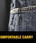 Push And Flip Folding Utility Knife Set With One Handed Operation clipped to jeans pocket for easy carry, emphasizing compact design.