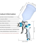 Built Different Heavy Duty Hvlp Paint Sprayer Gun With Swappable Nozzles And 600 Ml Cup showing dimensions and product specifications.
