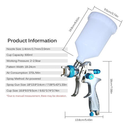 Built Different Heavy Duty Hvlp Paint Sprayer Gun With Swappable Nozzles And 600 Ml Cup showing dimensions and product specifications.