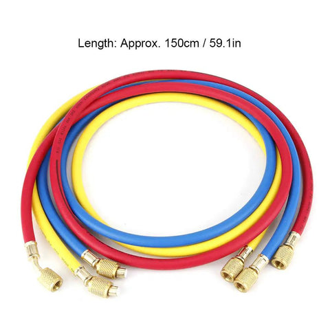 No Sweat One Point Five Meter AC Recharge Hose With Easy Turn Valves Six Hundred Psi Pressure Rated Quarter Inch Tube for R134a and R22.