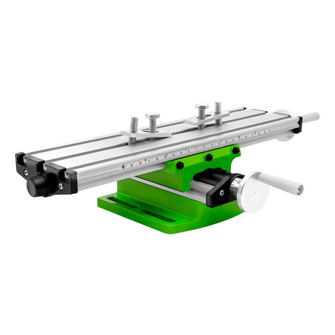 Rock Solid Aluminum Milling Work Table For Home Shop And Bench Top Projects, shown with green base and adjustable slides.