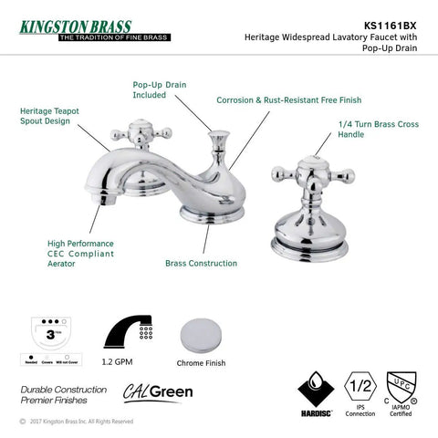 Vintage Retro Widespread Lavatory Faucet With Metal Cross Handle In Polished Chrome 8 To 16 Inch Adjustable Center Deck