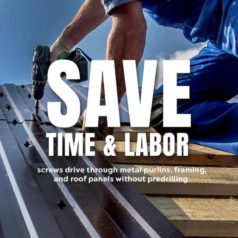 Worker installing roofing with Long Life Galvanized Purlin and Framing Screw 12 by 1-1/4 Self-Tapping Roof Fastener