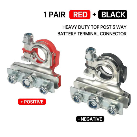 Two Pack 12V Top Post Battery Terminal Connectors Kit with 3 Way Clamps Positive and Negative Durable Tinned Copper