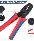 Molex And Delphi Crimp Tool For Deutsch DT Series Terminals 24 To 14 Gauge Wire with red and blue handles, tool details view