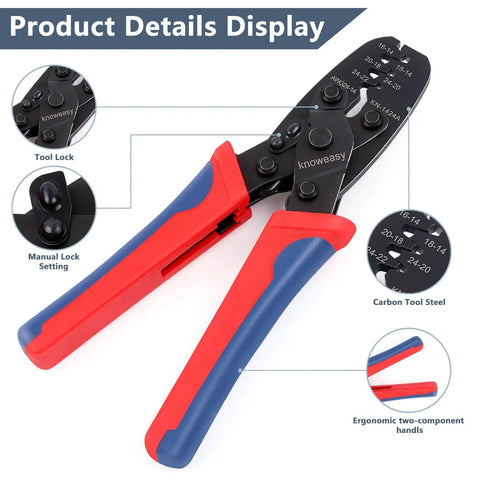 Molex And Delphi Crimp Tool For Deutsch DT Series Terminals 24 To 14 Gauge Wire with red and blue handles, tool details view