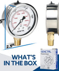 Front view of SENCTRL glycerin-filled hydraulic pressure gauge, 2.5-inch dial, 1/4-inch NPT lower mount, stainless case.