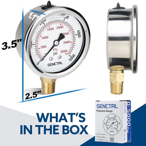 Front view of SENCTRL glycerin-filled hydraulic pressure gauge, 2.5-inch dial, 1/4-inch NPT lower mount, stainless case.