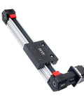 Diagonal front view of FUYU FPB45 belt-driven linear stage with aluminum rail and dual NEMA-23 motors.