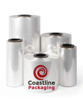 8 Inch Polyolefin Heat Shrink Film Roll 75 Gauge Center Fold 3500 Ft stacked rolls in glossy finish for secure packaging.