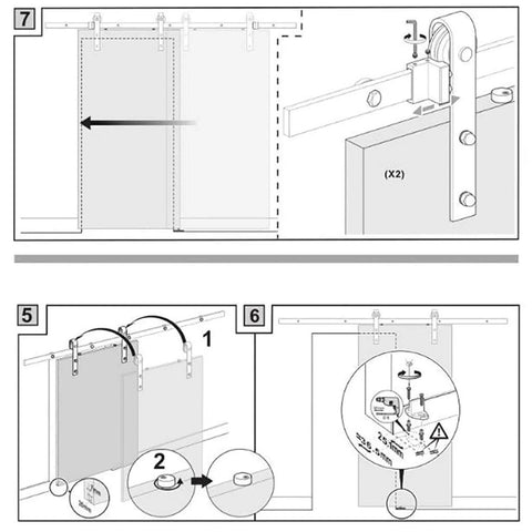 Installation diagram of Bypass Sliding Barn Door Rail Hardware Kit for Double Doors Monorail System Glass Door Compatible Hanging Rail.