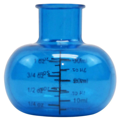 Close-up of blue round-bottom flask from Beaker And Flask Shot Glass Set 4 Piece Plastic Lab Style Drinkware For Science Party Vibe