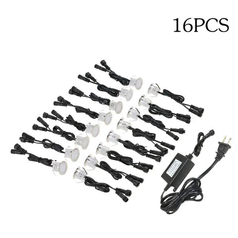 16 Pack Recessed LED Deck Lights 32mm Step Lights Outdoor Waterproof 12V Low Voltage Landscape Lighting For Garden Patio Yard Stair Corner Decoration Built Tough Stainless Steel Easy Install, laid out on a white background with power adapter and cables