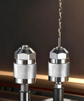 Hex Quick Change Drill Chuck With 3 Jaw Grip Hardened Steel Build Quick Lock Shank, two views with drill bit inserted.