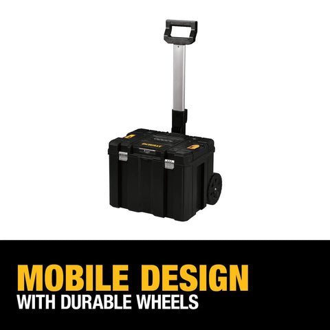 Rolling Tool Box With Wheels And Telescopic Handle Large Deep Stackable TSTAK Carrier, showing mobile design and durable wheels.