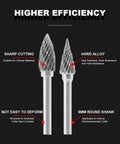 Pro Grade Tungsten Carbide Burr Set 20 Pc For Rotary Die Grinder Bits showing 6mm shank and sharp cutting tips.