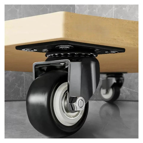 Close-up of Beefy Heavy Duty Caster Wheels With Brakes 4 Pack Rubber Wheel Stem Casters under furniture on a hard floor.