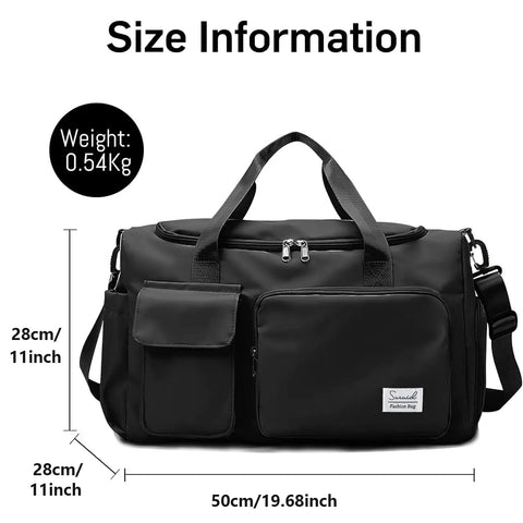Sturdy black Sports Duffel Bag With Shoe Compartment And Wet Dry Separated Pocket, size 50cm x 28cm, weight 0.54Kg.
