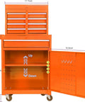 Heavy Duty Tool Cart With Five Drawers On Wheels, Tool Chest Organizer For Garage, Shop And Warehouse Use, Locking Drawers For Security, Tough As Nails Orange Mobile Toolbox open with visible dimensions.