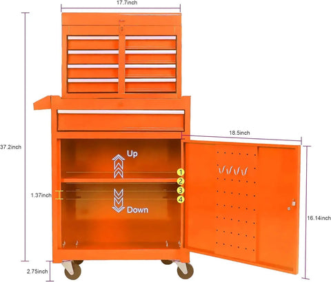 Heavy Duty Tool Cart With Five Drawers On Wheels, Tool Chest Organizer For Garage, Shop And Warehouse Use, Locking Drawers For Security, Tough As Nails Orange Mobile Toolbox open with visible dimensions.