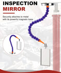 Magnetic Base Inspection Mirror With Adjustable Arm for Mechanics, shown attached to metal with flexible arm in workshop setting.