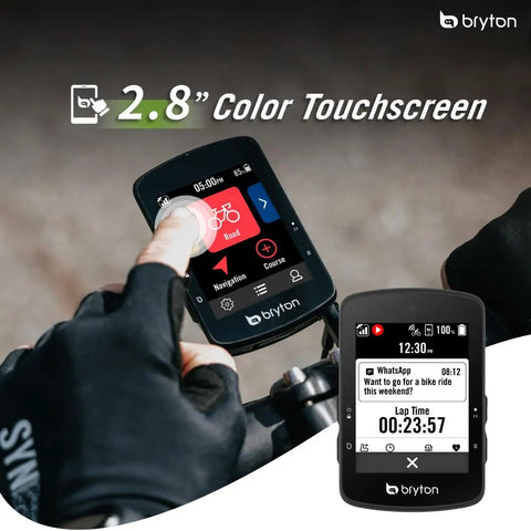 Cyclist using Rider S510 GPS Bike Computer With A Two Point Eight Inch Color Touchscreen Offline USA Maps Crisp Turn By Turn Navigation