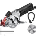 Professional Handheld Electric Circular Saw Featuring Quick Set Cutting Guide And High Torque Copper Motor Slams Right Through Plywood Tile And Plastic Pipes With Dead Steady 3500 Rpm Speed, close-up view of blade and laser guide.